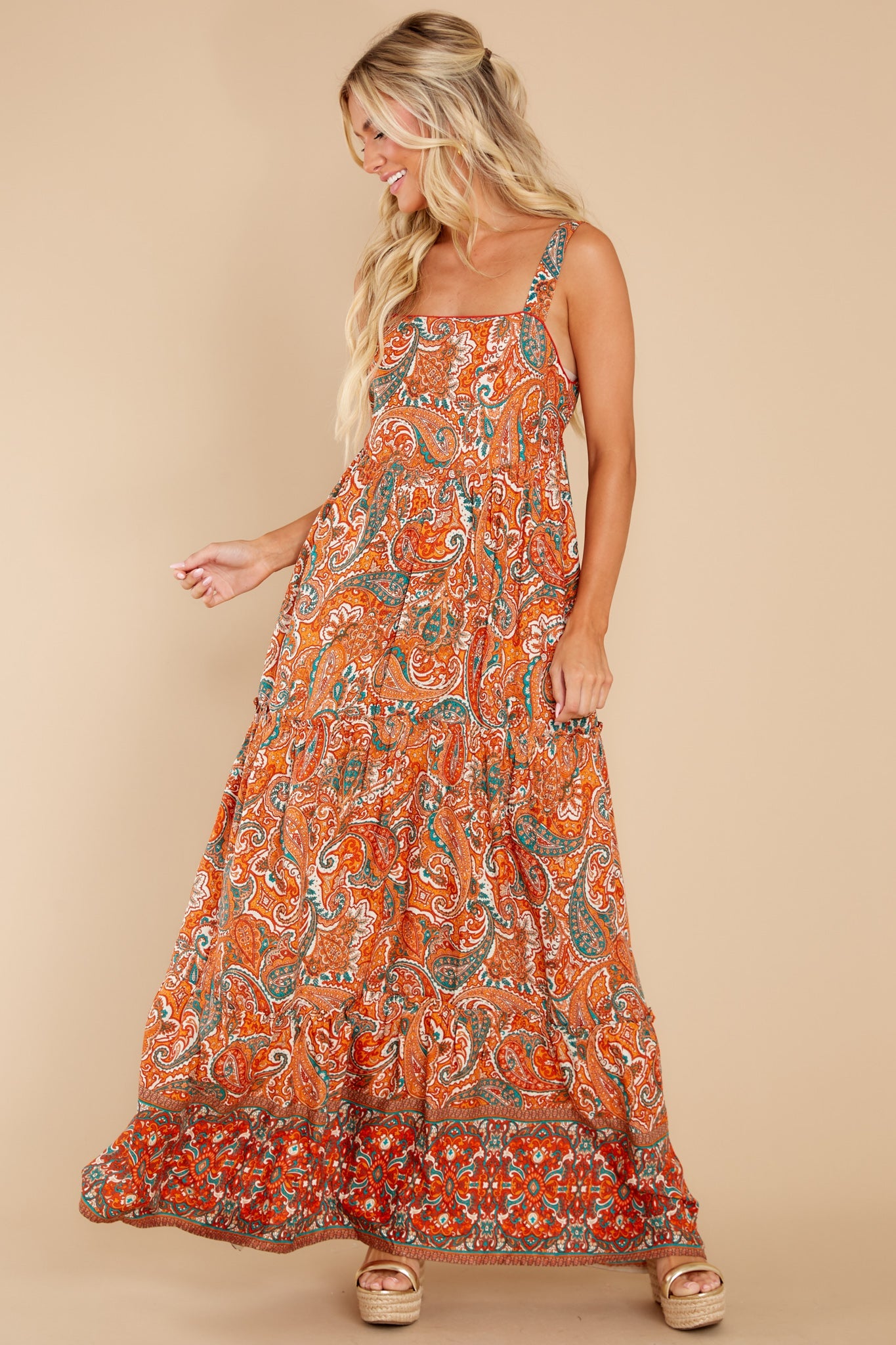 Alejandra Orange Paisley Tiered Maxi Dress