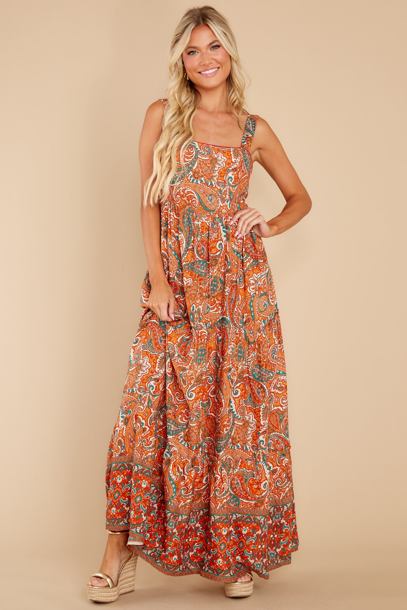 Alejandra Orange Paisley Tiered Maxi Dress