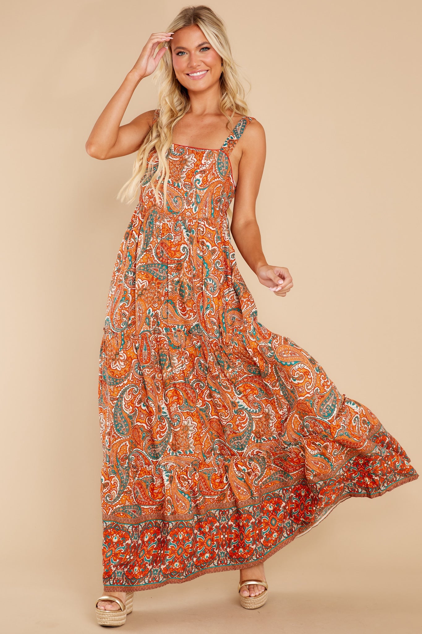 Alejandra Orange Paisley Tiered Maxi Dress