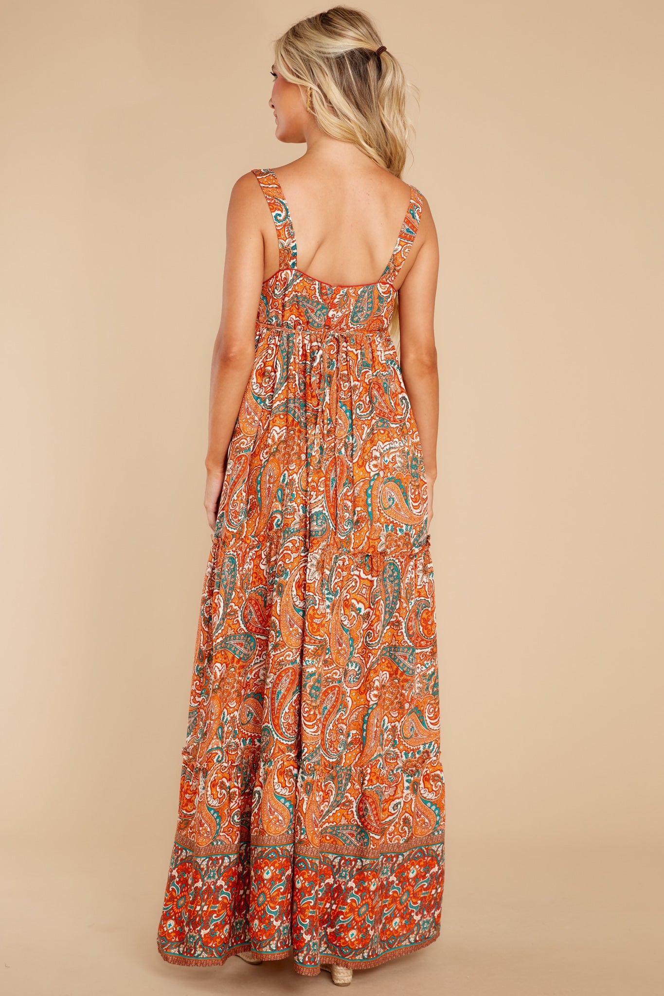 Alejandra Orange Paisley Tiered Maxi Dress