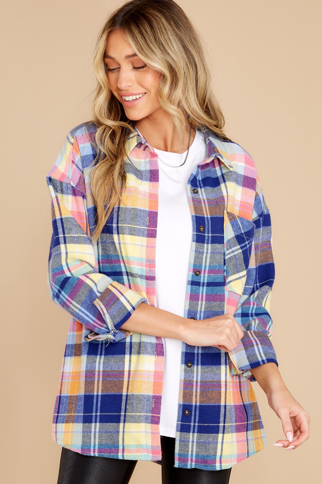 Breakthrough Season Blue Multi Plaid Top