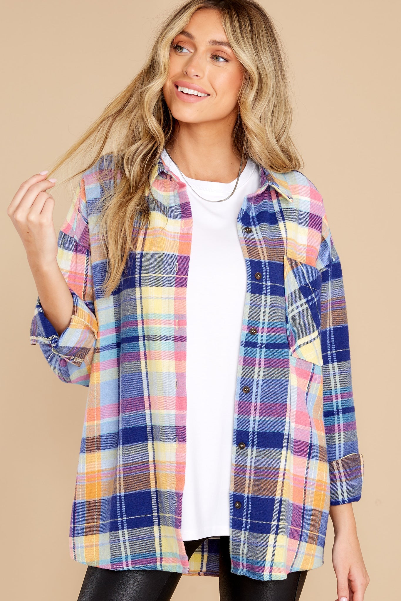 Breakthrough Season Blue Multi Plaid Top