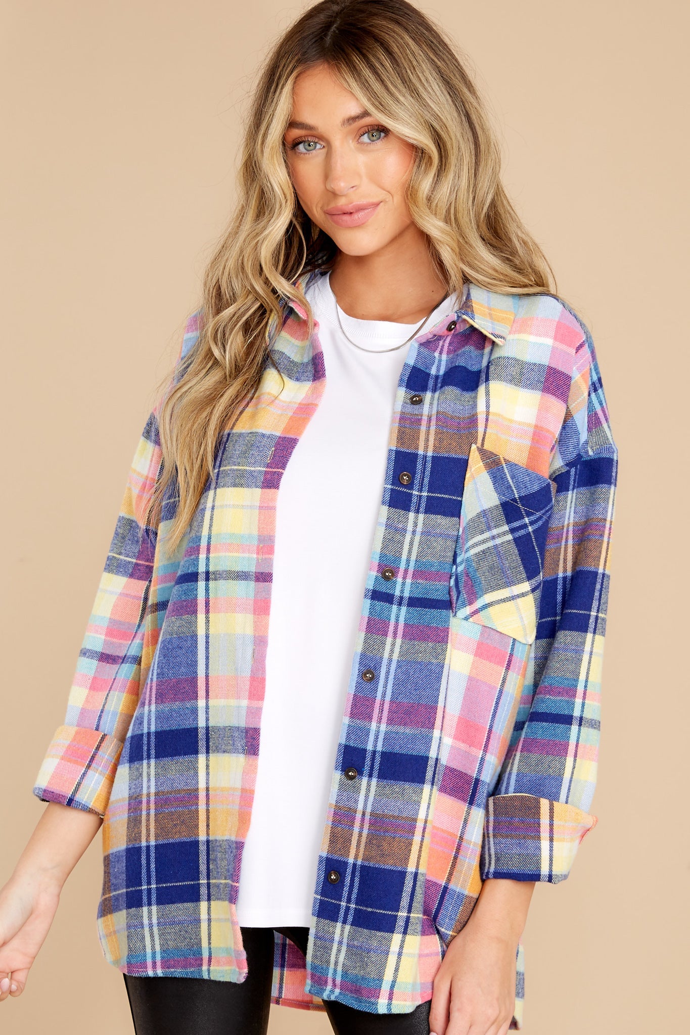 Breakthrough Season Blue Multi Plaid Top