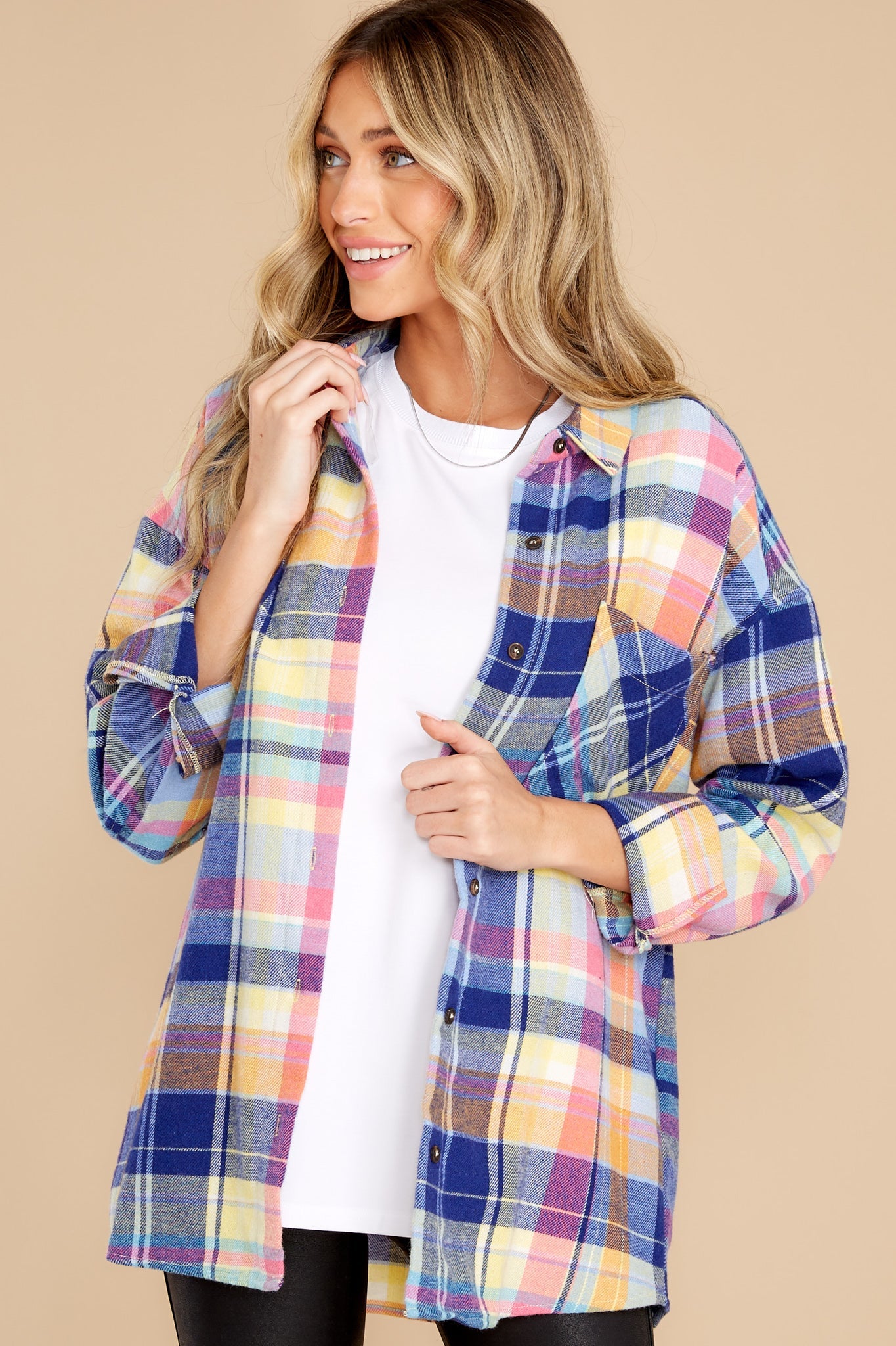 Breakthrough Season Blue Multi Plaid Top