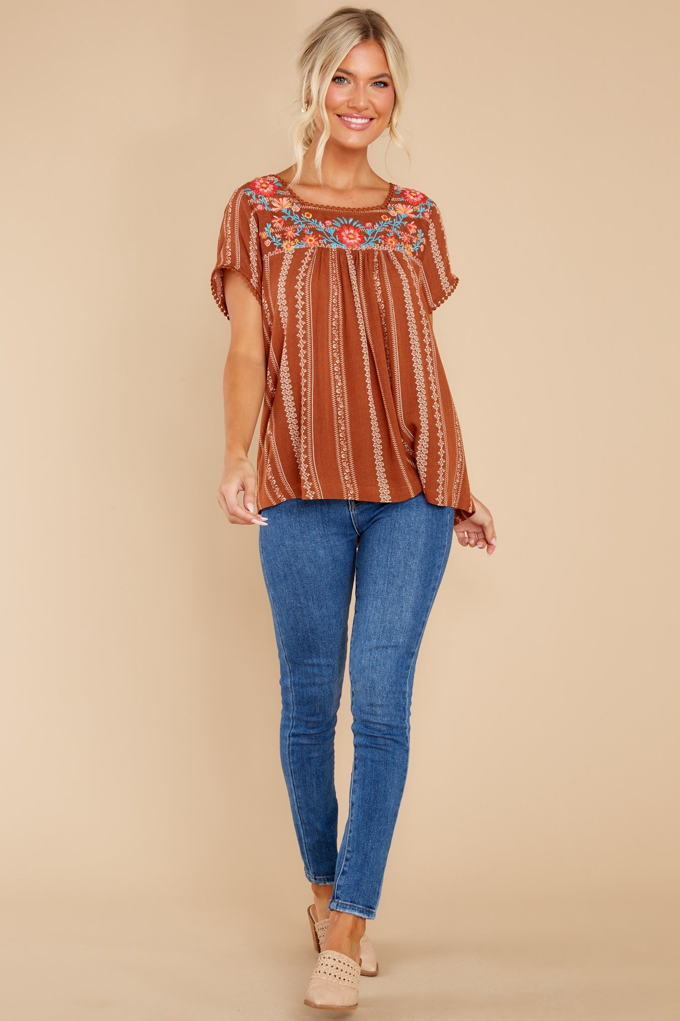 It Is Well Light Brown Embroidered Top