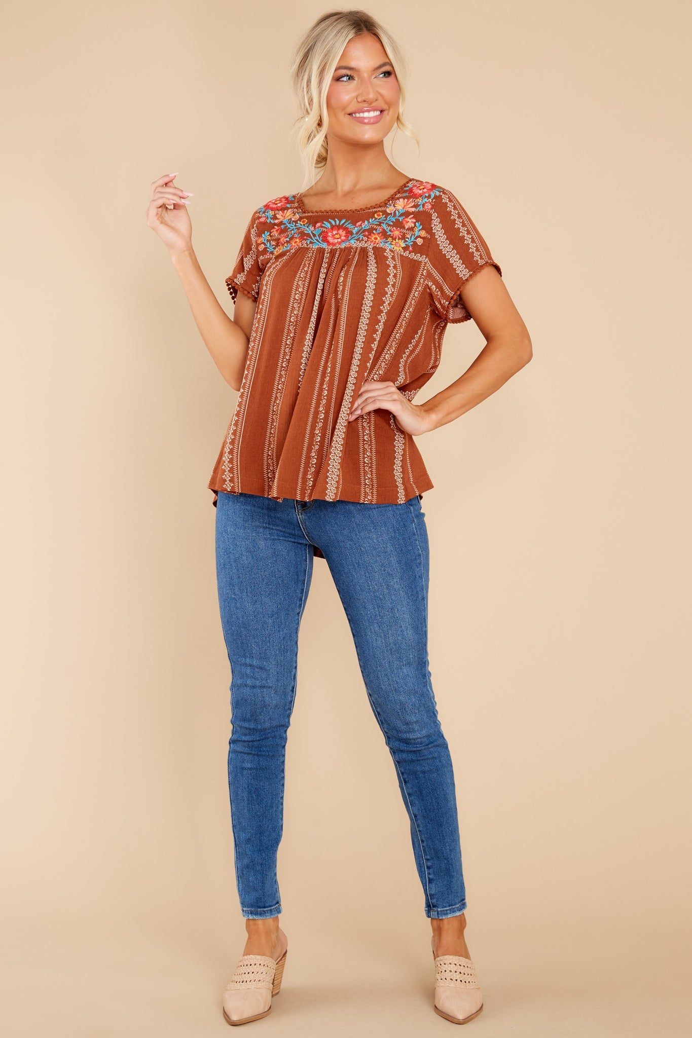 It Is Well Light Brown Embroidered Top
