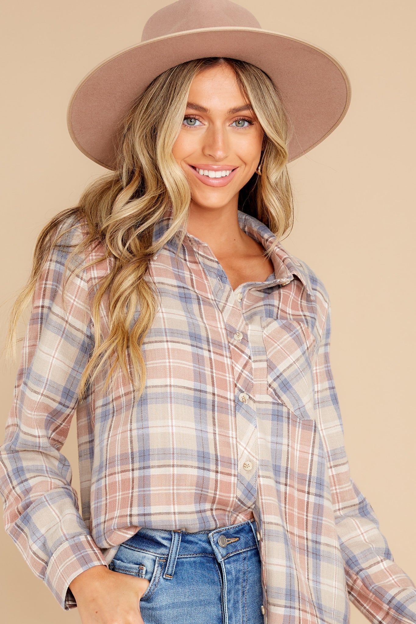 Open Season Tan Plaid Top