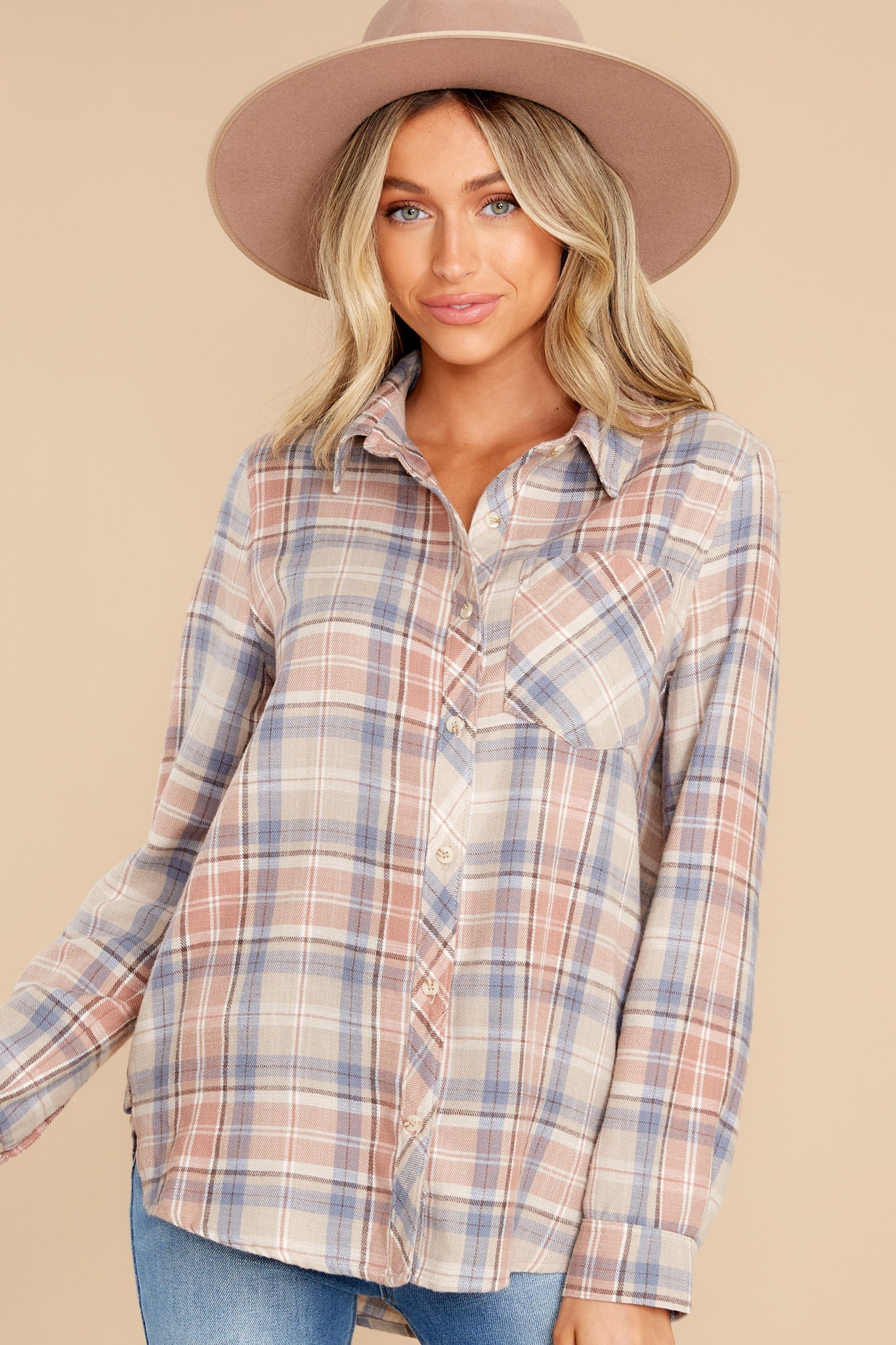 Open Season Tan Plaid Top