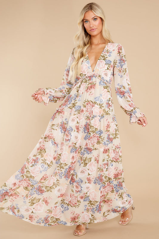 Flourishing Beauty Beige Floral Print Dress