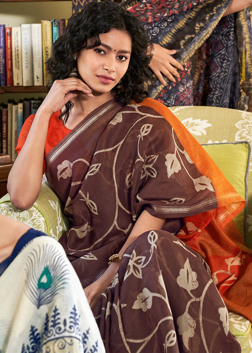 Brown & Orange Cotton Linen Batik Printed Saree