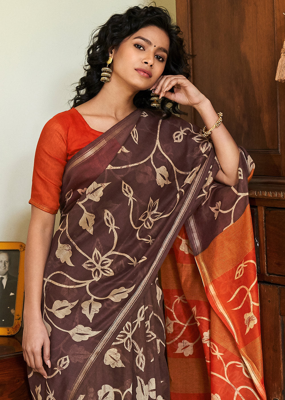 Brown & Orange Cotton Linen Batik Printed Saree