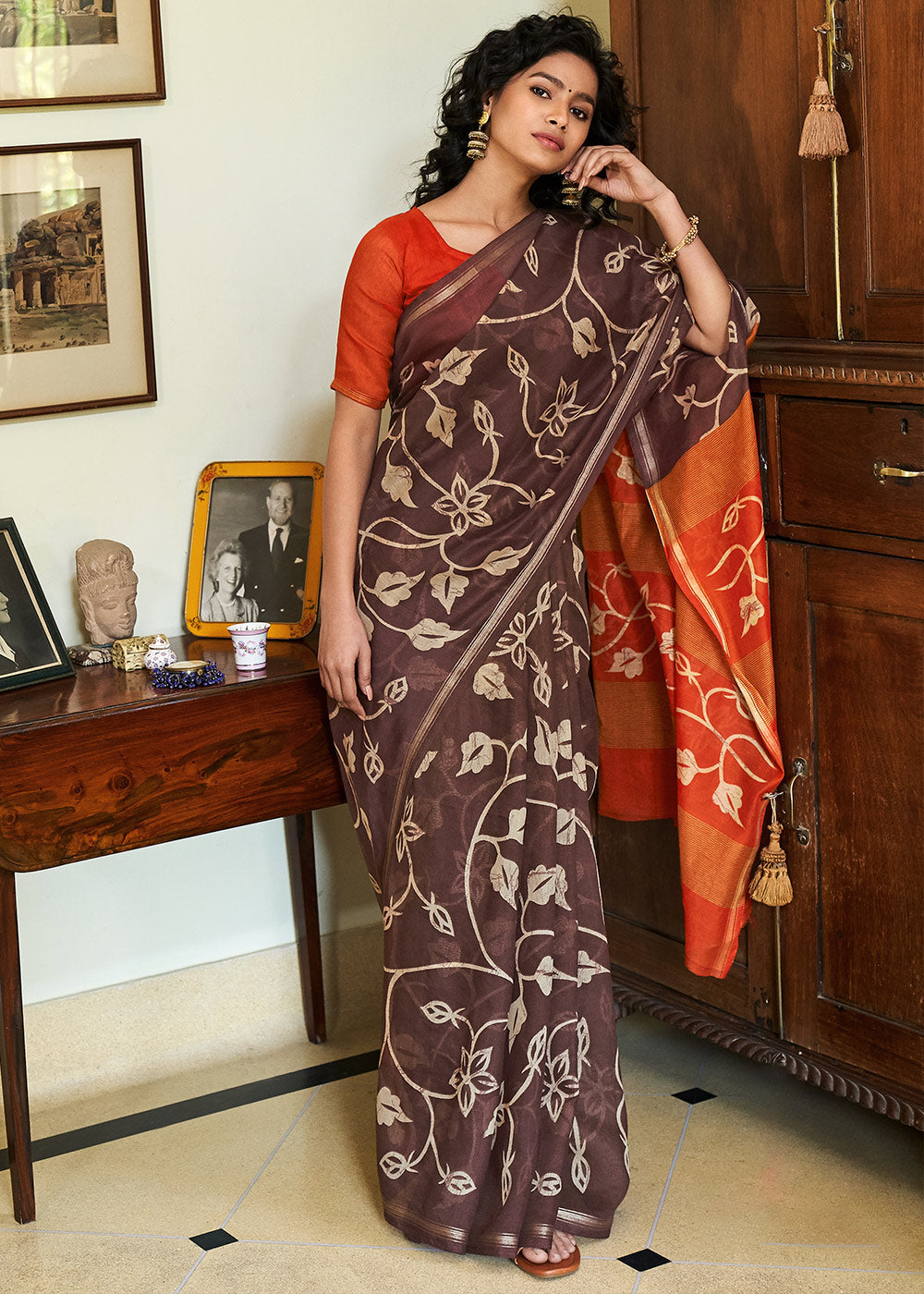 Brown & Orange Cotton Linen Batik Printed Saree