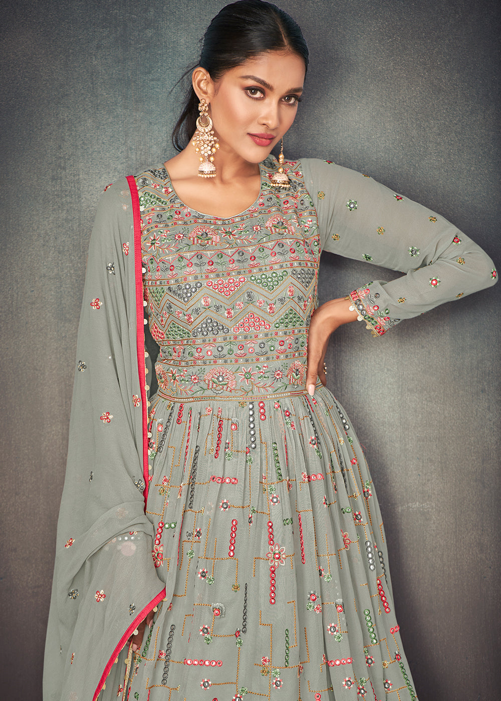 Squirrel Grey Georgette Embroidered Lehenga Suit