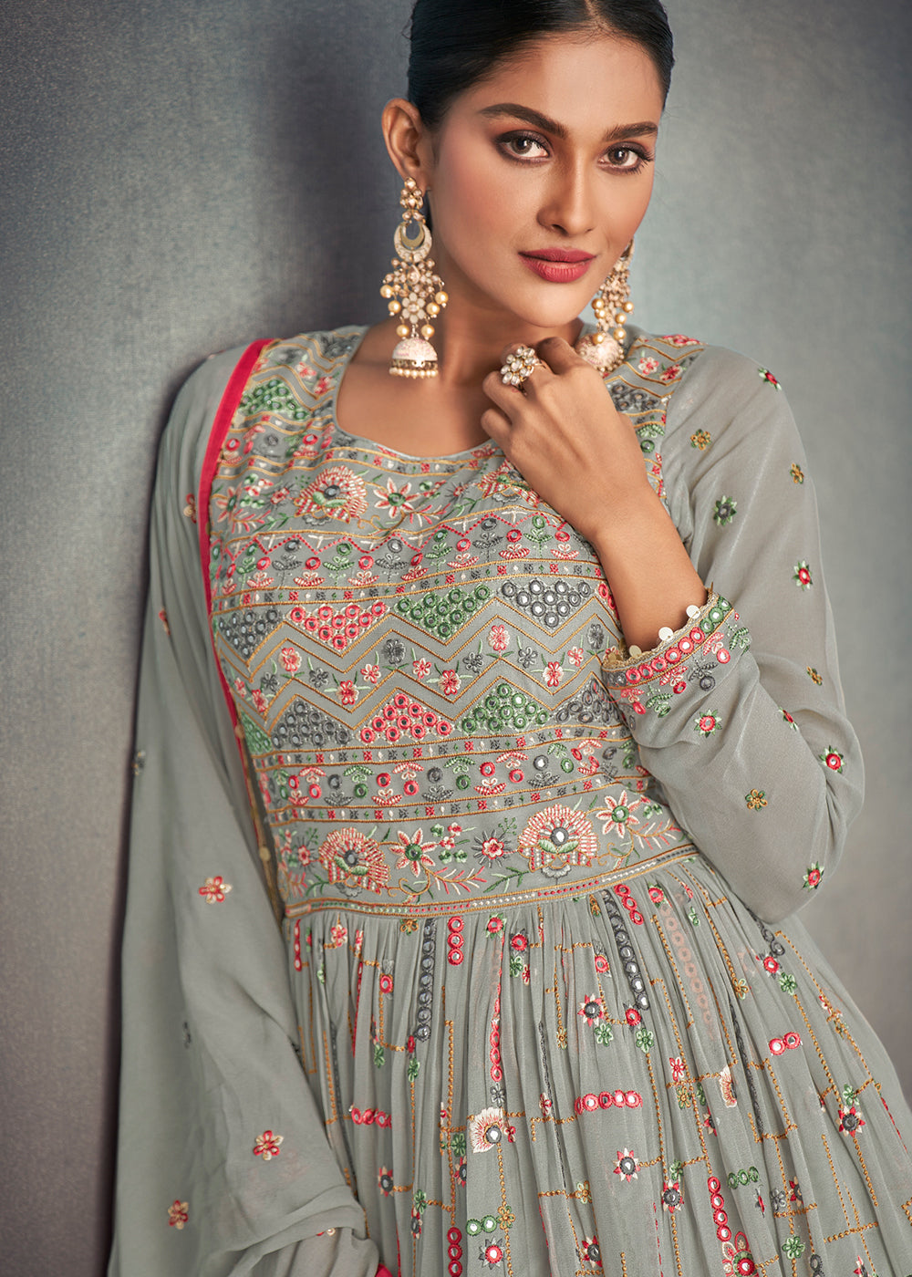 Squirrel Grey Georgette Embroidered Lehenga Suit