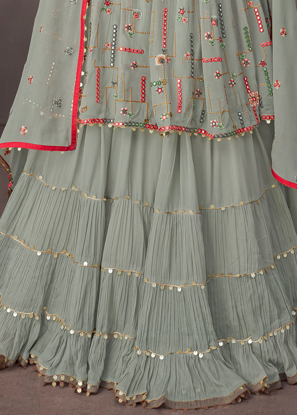 Squirrel Grey Georgette Embroidered Lehenga Suit