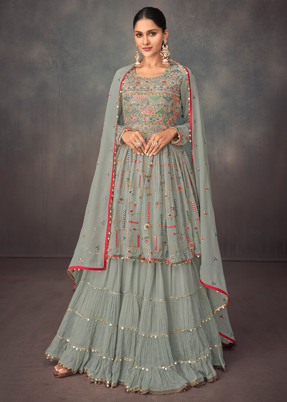 Squirrel Grey Georgette Embroidered Lehenga Suit