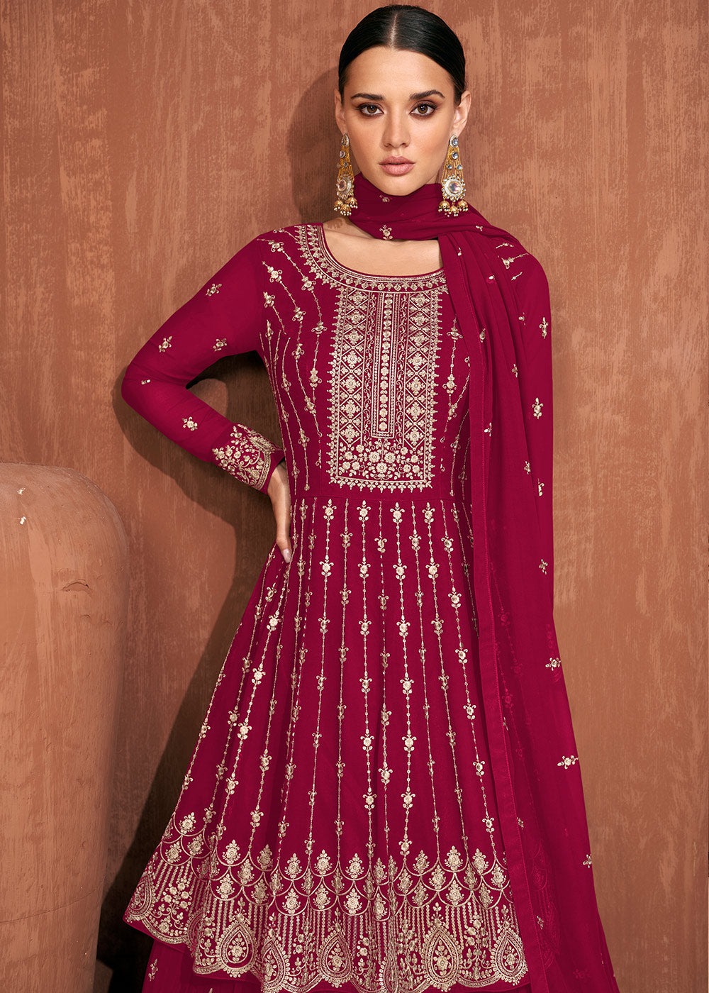 Cerise Pink Georgette Embroidered Lehenga Suit