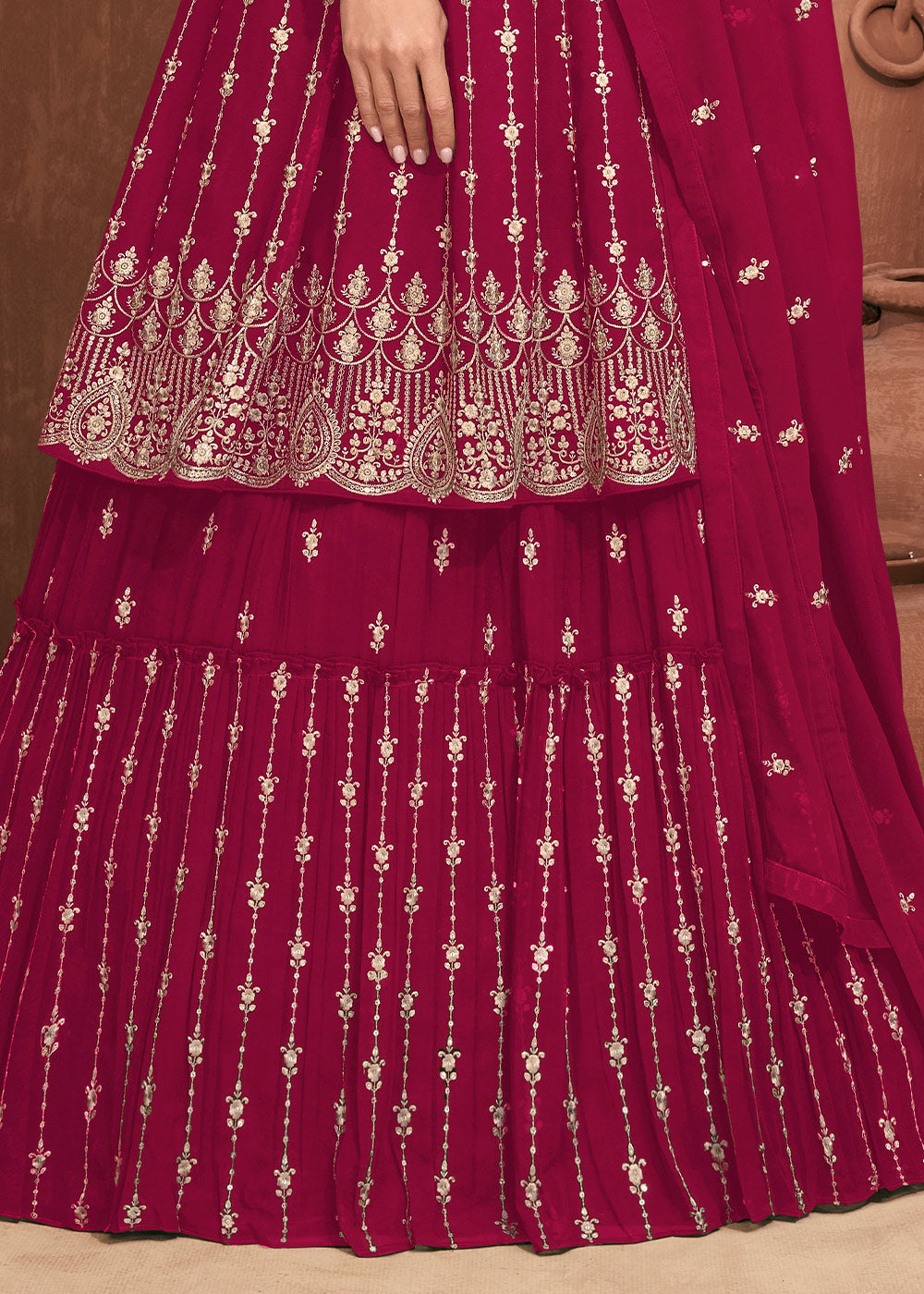 Cerise Pink Georgette Embroidered Lehenga Suit