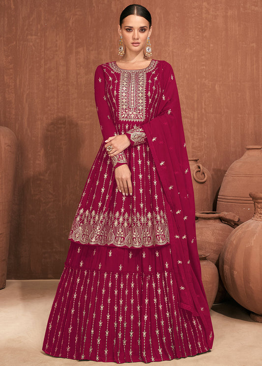 Cerise Pink Georgette Embroidered Lehenga Suit