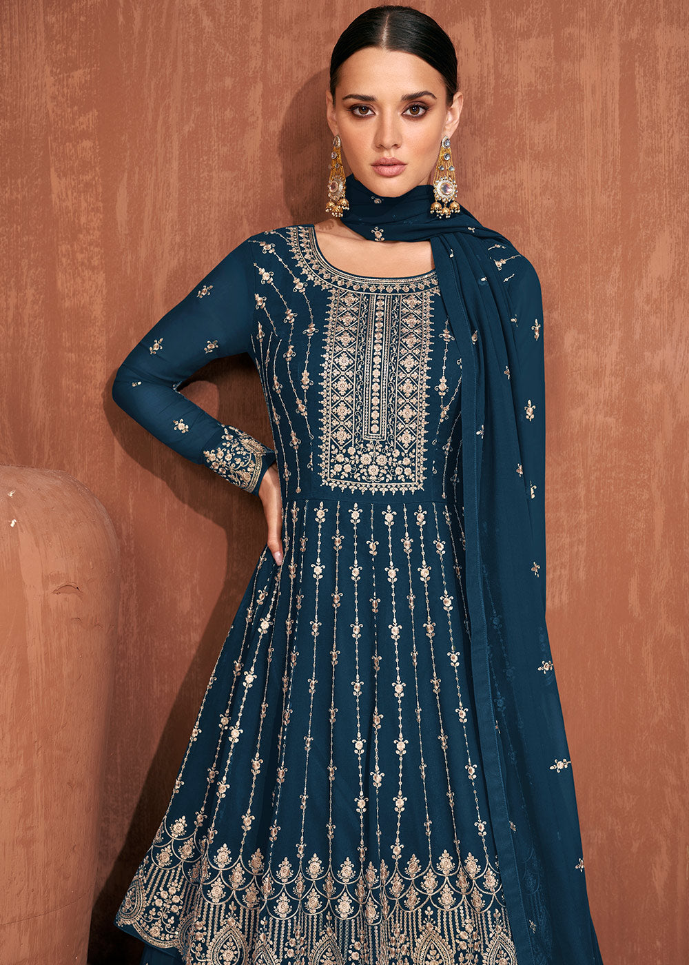 French Navy Blue Georgette Embroidered Lehenga Suit