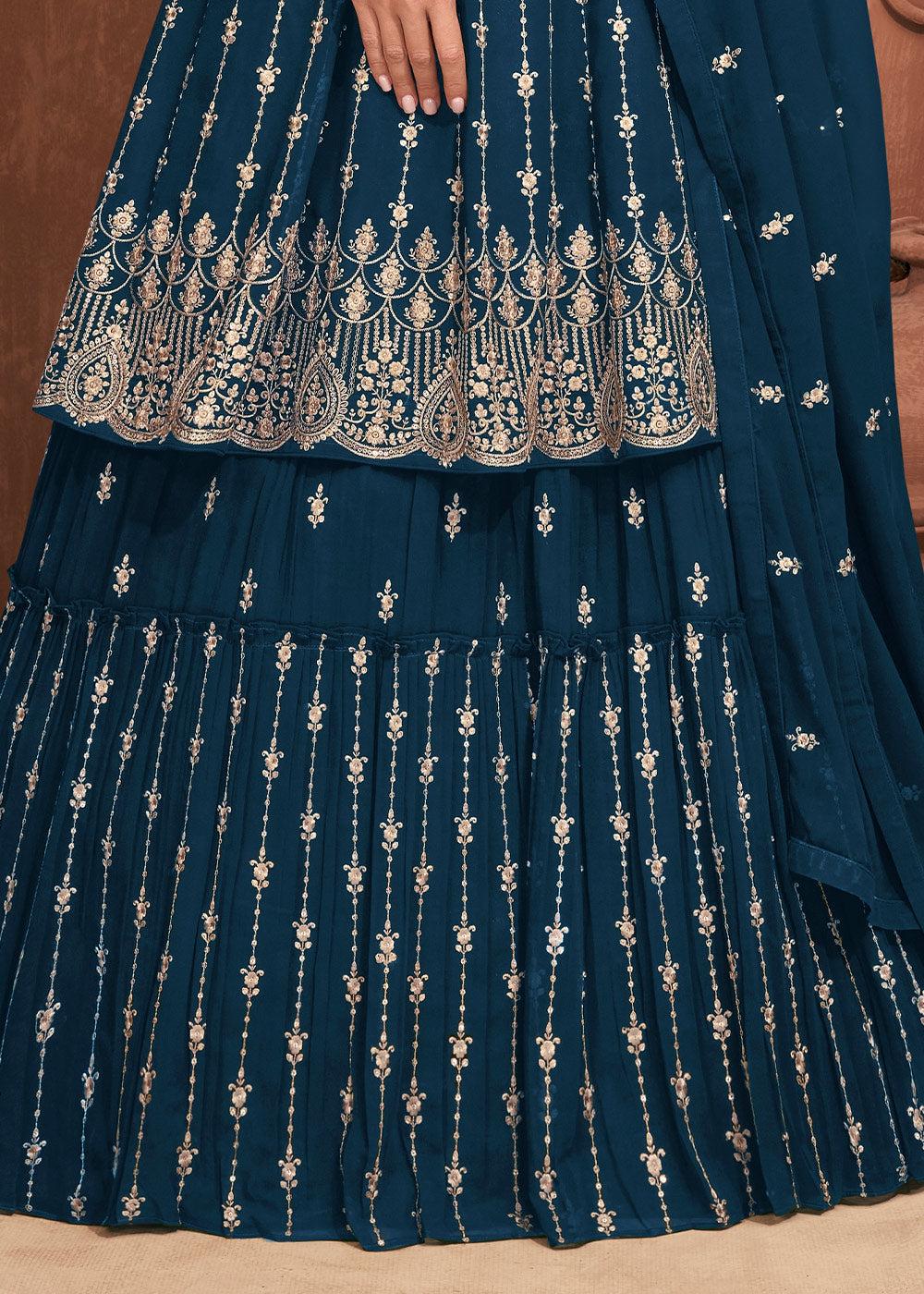 French Navy Blue Georgette Embroidered Lehenga Suit