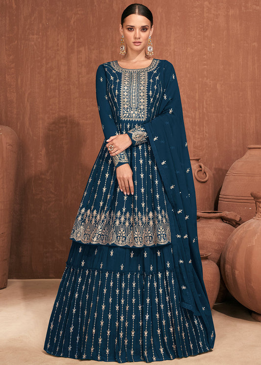 French Navy Blue Georgette Embroidered Lehenga Suit