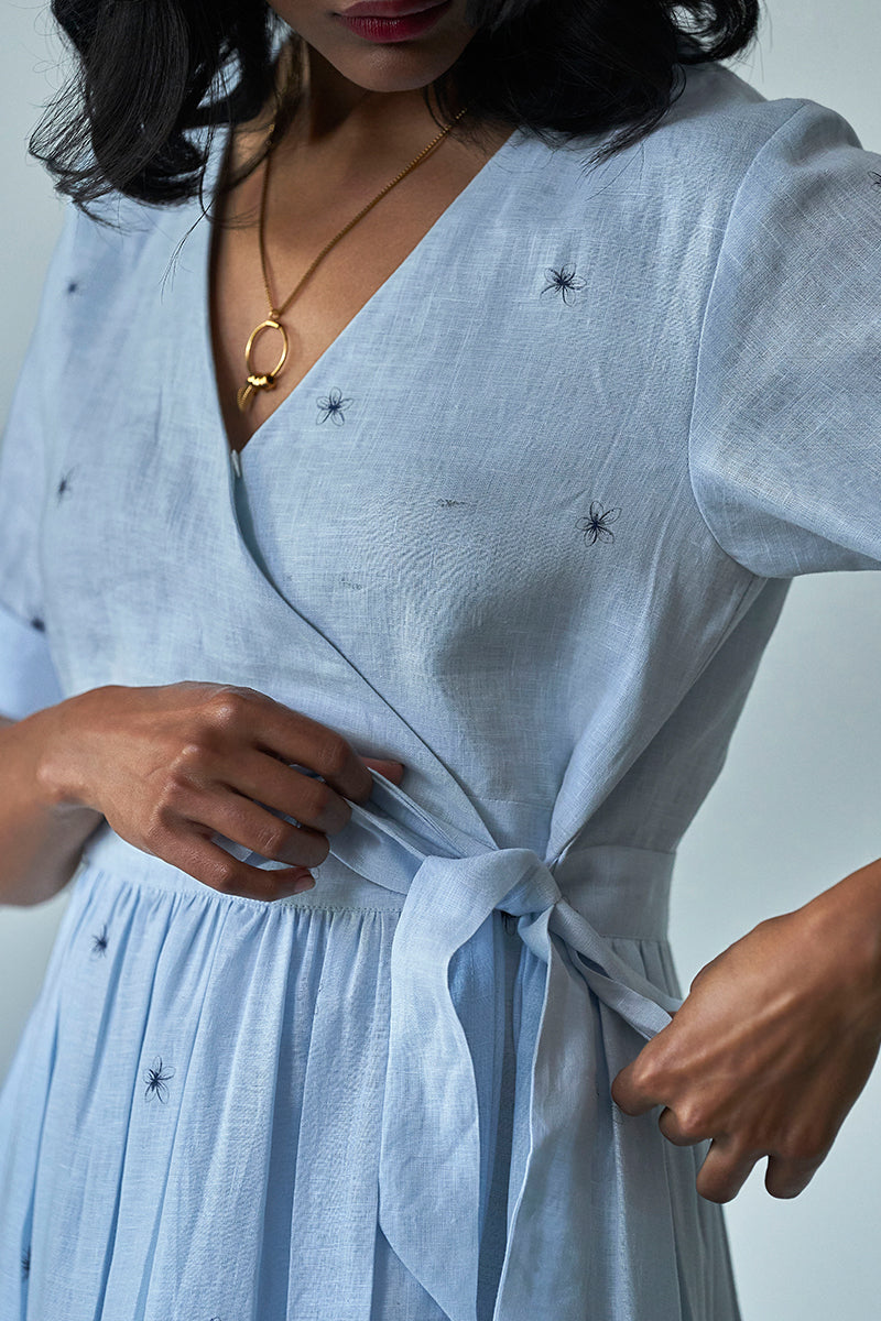 Chalk Blue Wrap-around Linen Dress