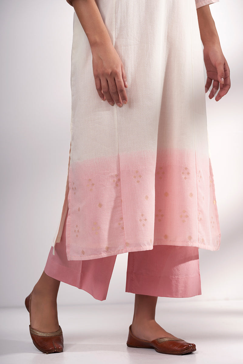 Cream and Pink Woven Cotton Kurta With Cotton Bottom