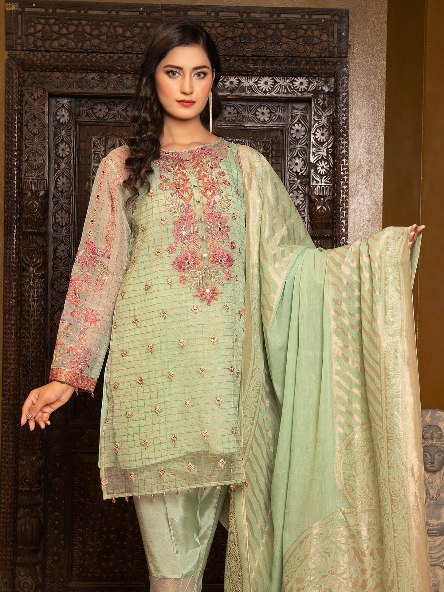 2 Piece Embroidered Organza Suit