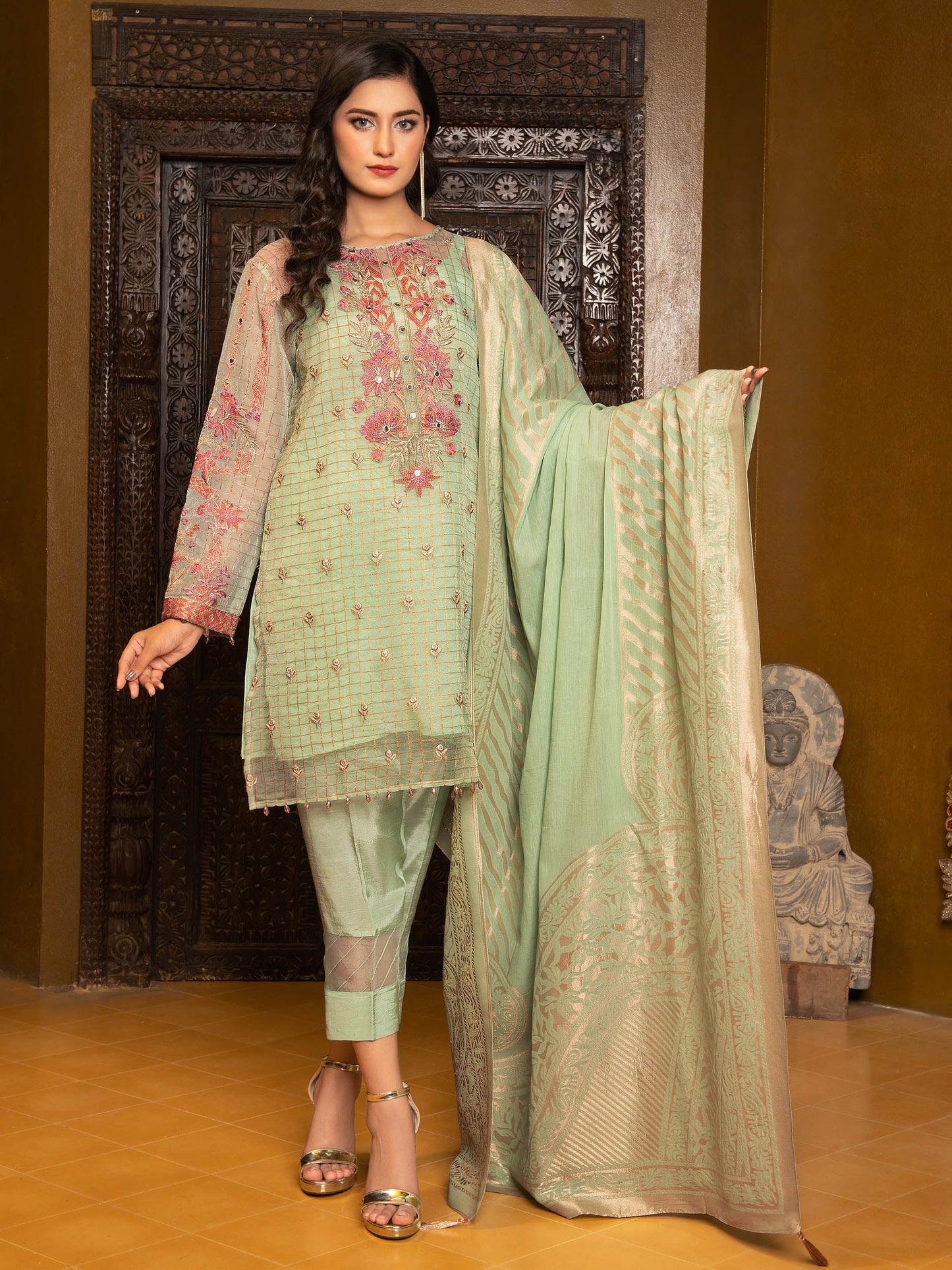 2 Piece Embroidered Organza Suit