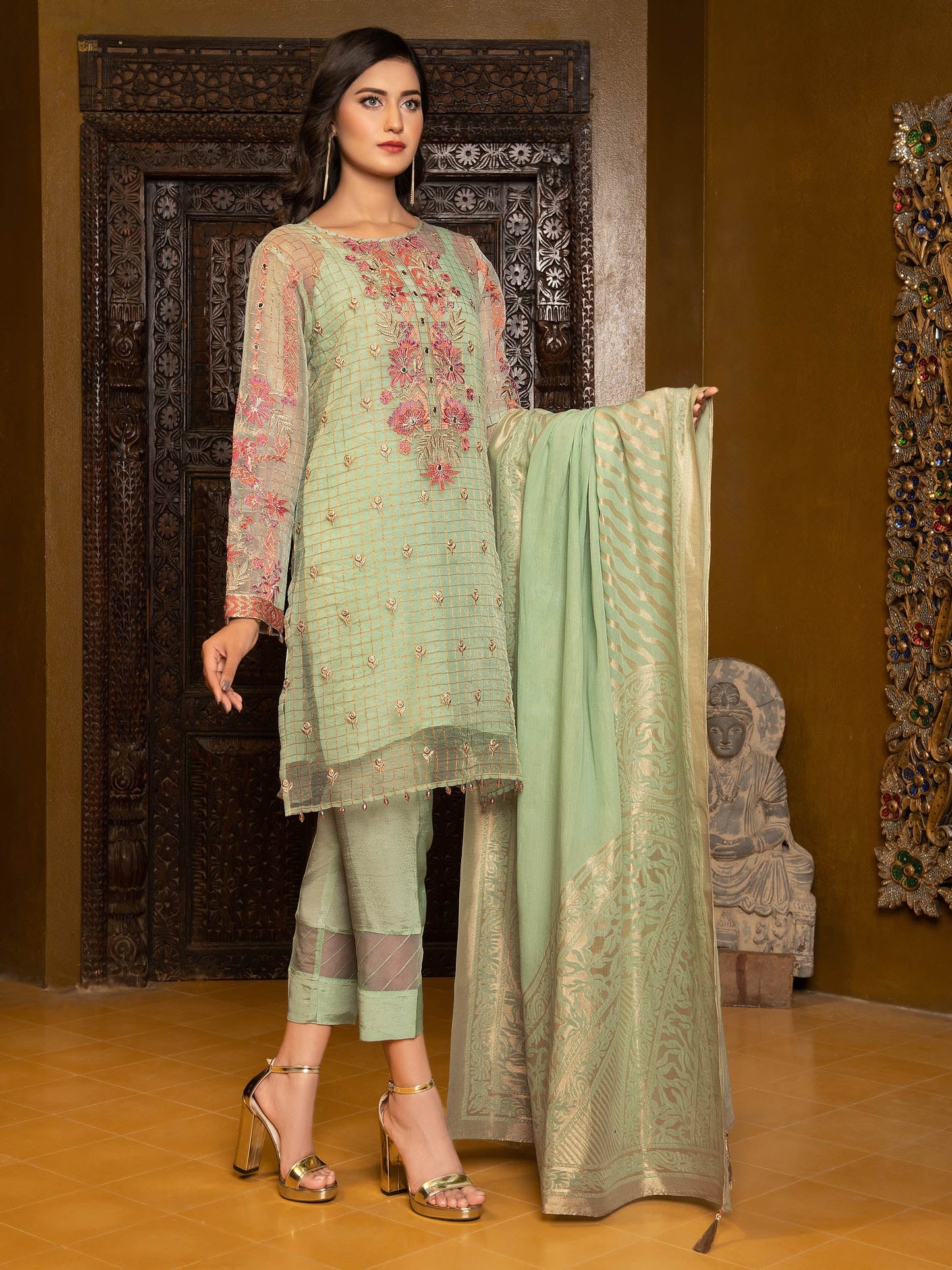 2 Piece Embroidered Organza Suit