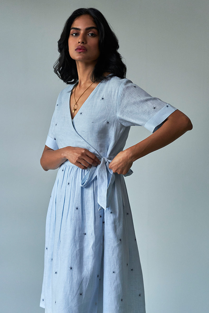 Chalk Blue Wrap-around Linen Dress