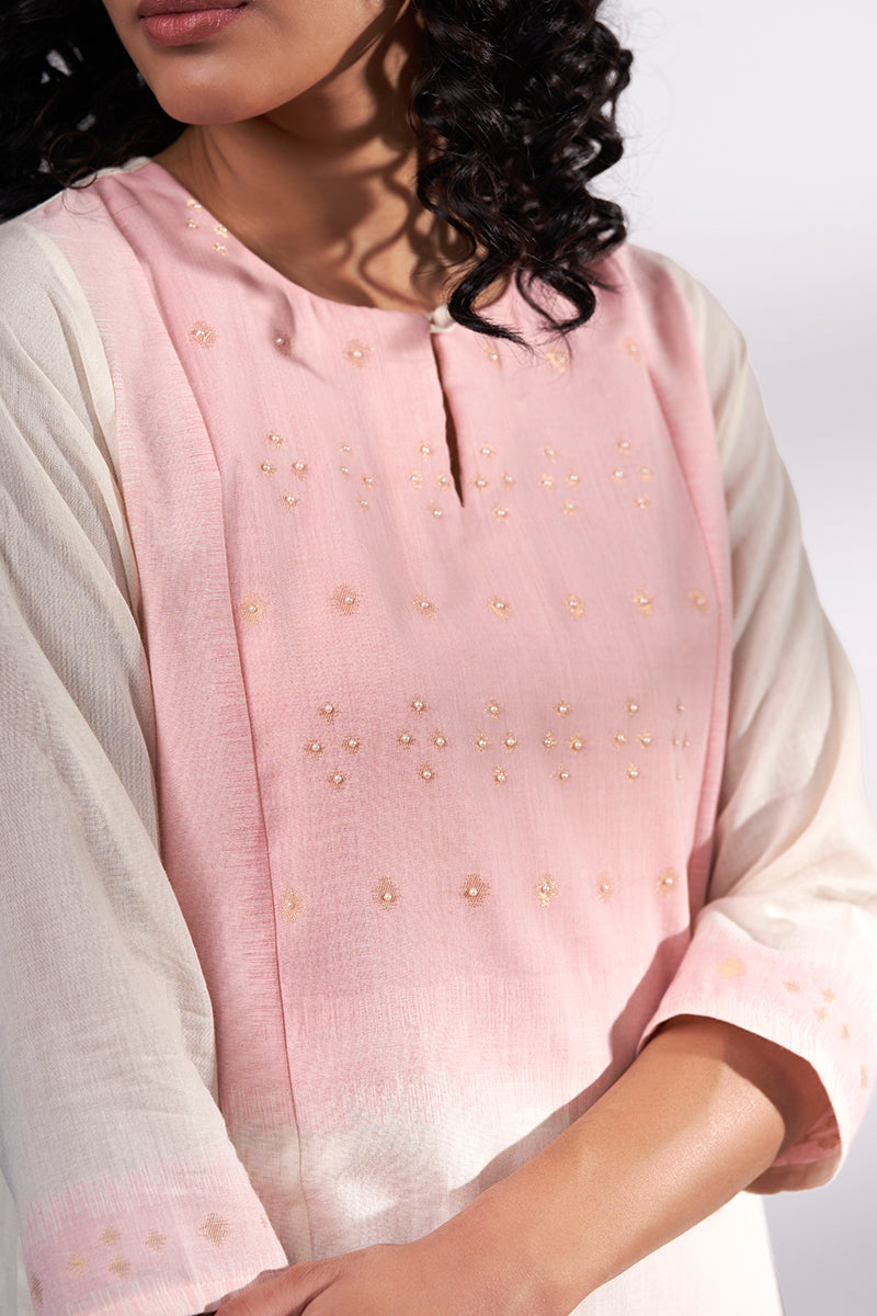 Cream and Pink Woven Cotton Kurta With Cotton Bottom