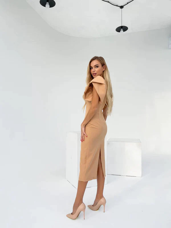 Almond Petal Laped Shouldered Midi Dress