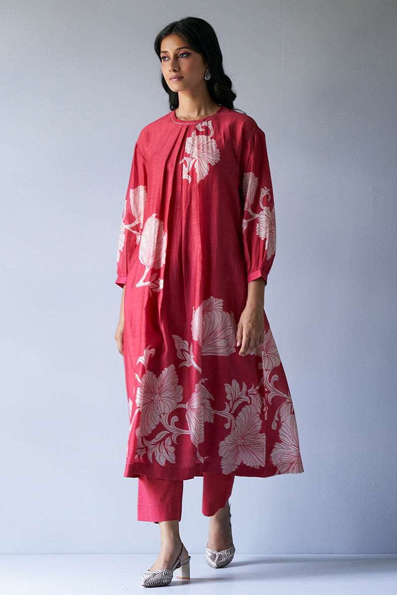 Cranberry Red Bemberg Silk Printed Co-ord Set