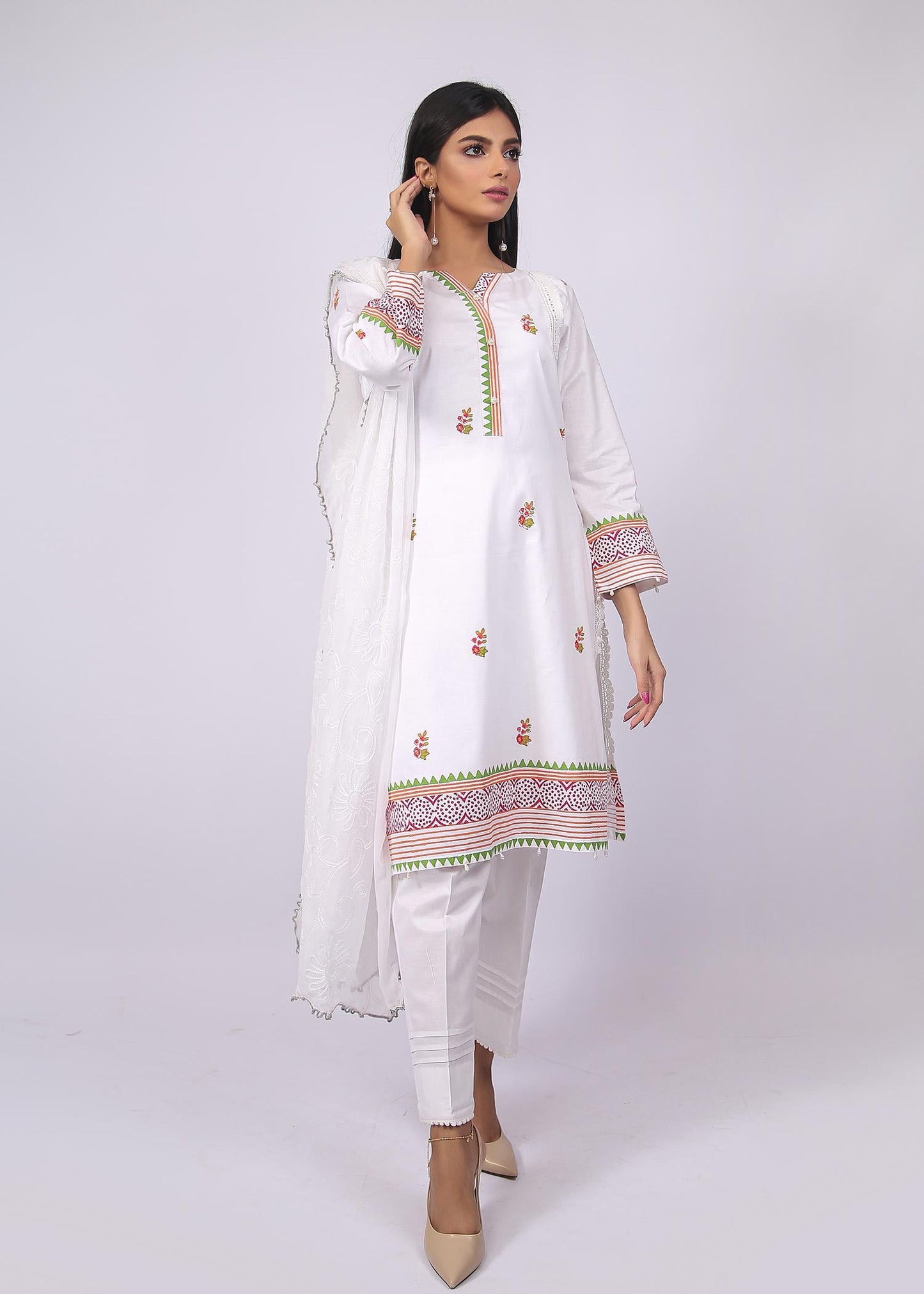 FashionPorters - Unstitched 3 Piece Block Printed Cotton Lawn Bright White Suit SUS22-RY22