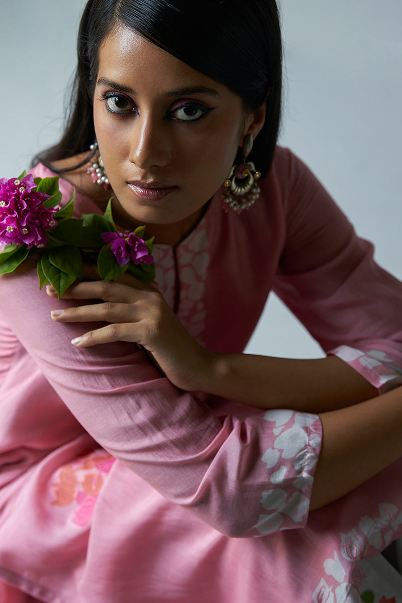 Strawberry Ice Pink and Grey Bemberg Silk Salwar Suit With Delicate Embroidery Detailing