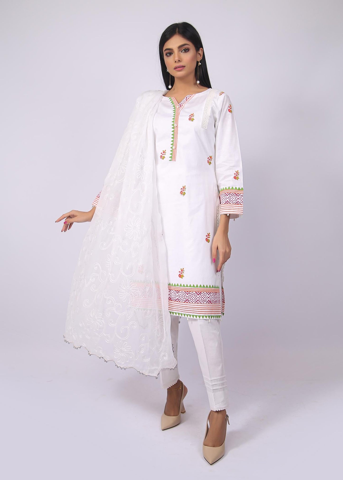 FashionPorters - Unstitched 3 Piece Block Printed Cotton Lawn Bright White Suit SUS22-RY22