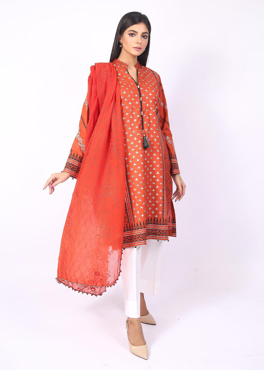 FashionPorters - Unstitched 3 Piece Block Printed Cotton Lawn Bright Orange Suit SUS22-RY23