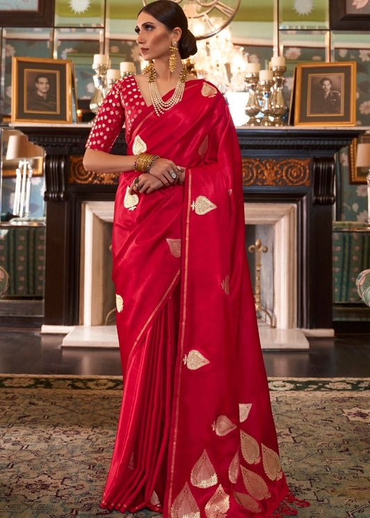 Rose Red Zari Butta Woven Banarasi Silk Saree : Top Pick