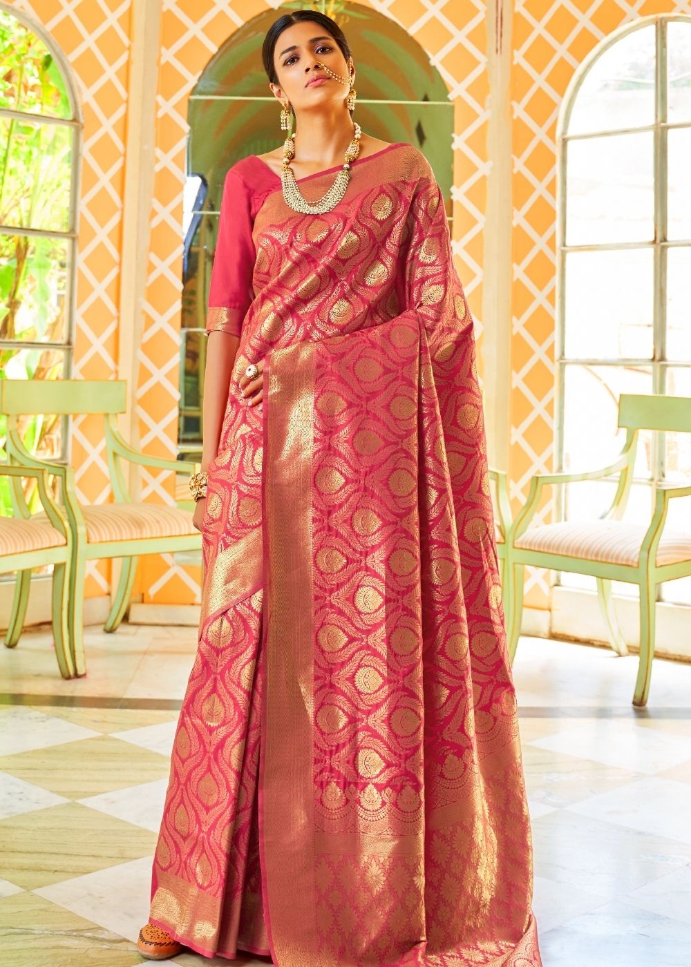 Punch Pink and Golden Blend Woven Banarasi Silk Saree