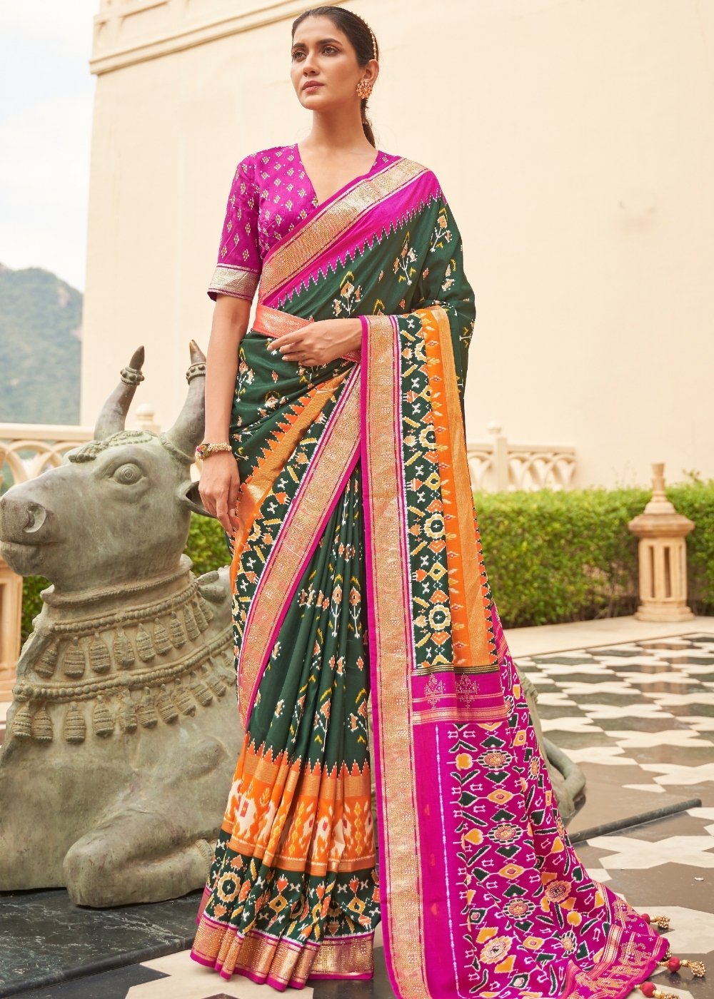 Green & Pink Patola Silk Saree with Zari Border & Tassels On Pallu