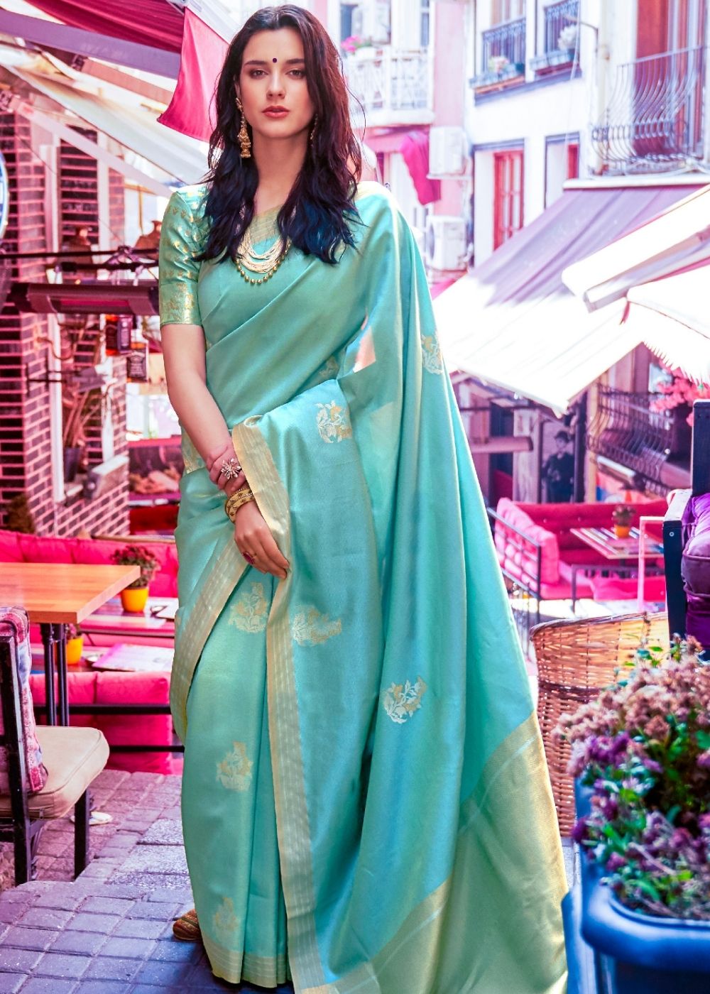 Aqua Blue Designer Wear Woven Banarasi Silk Saree