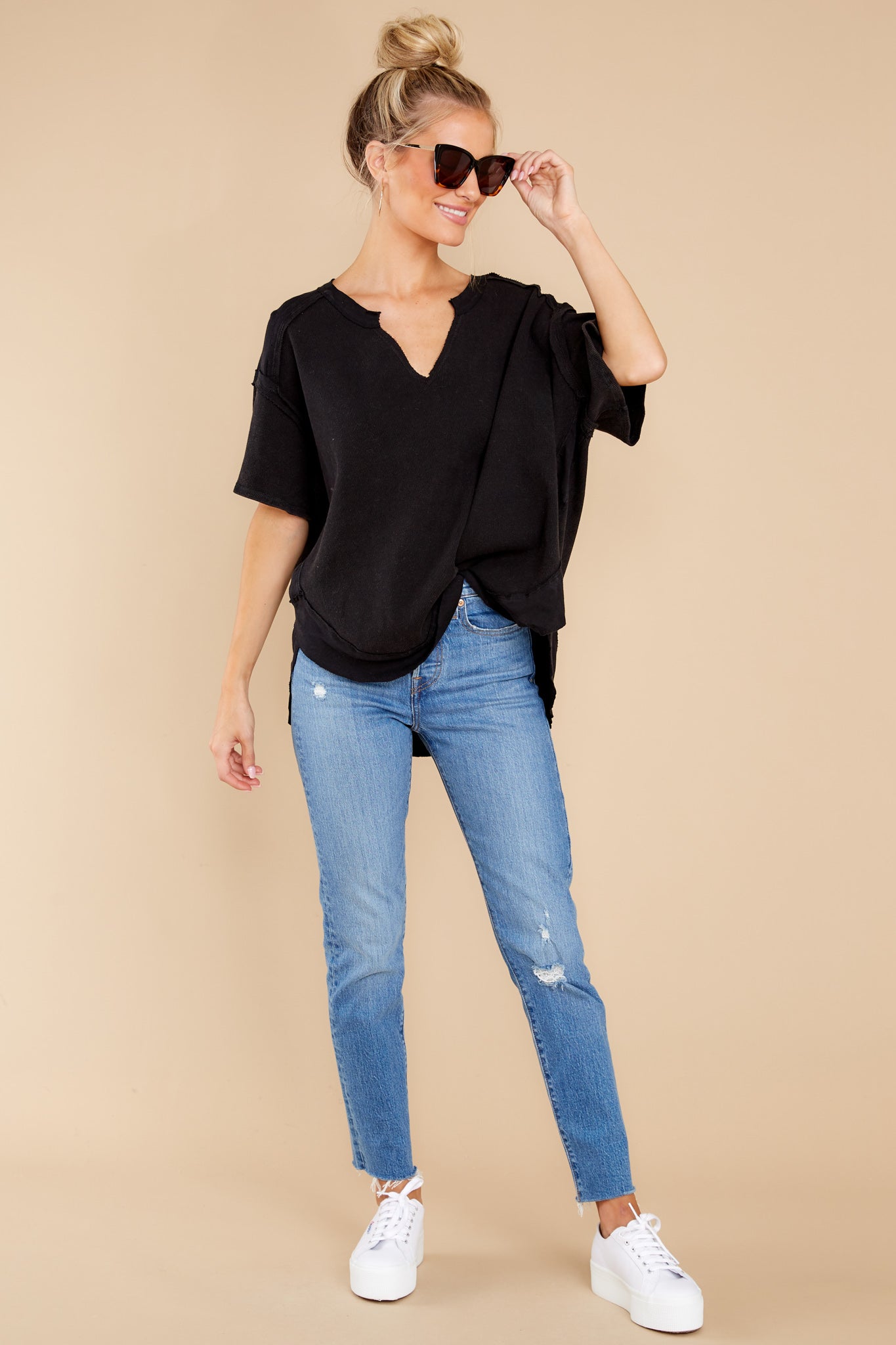 Wandering Around Black V-Neck Top