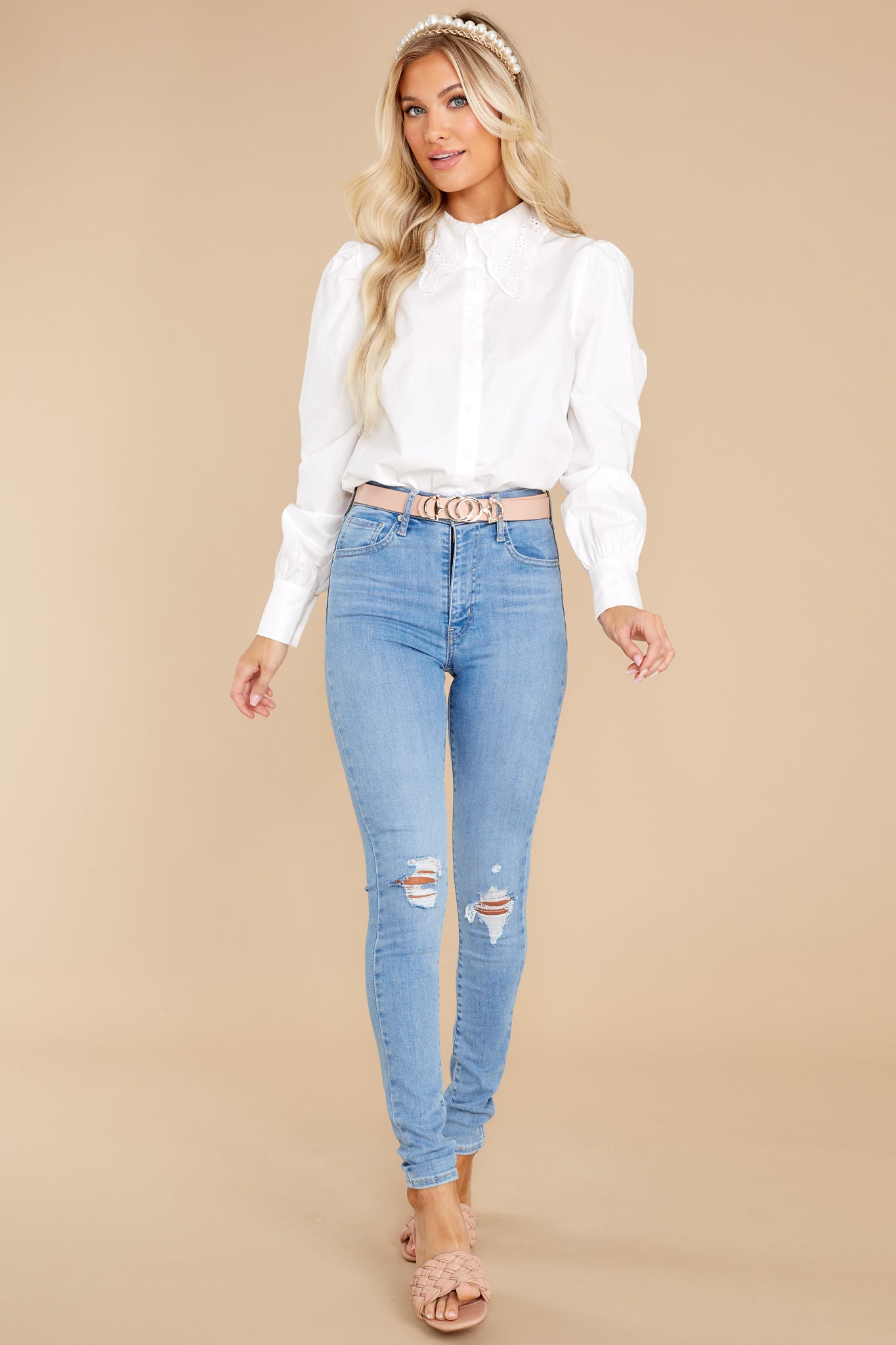 La La Lace White Button Up Top