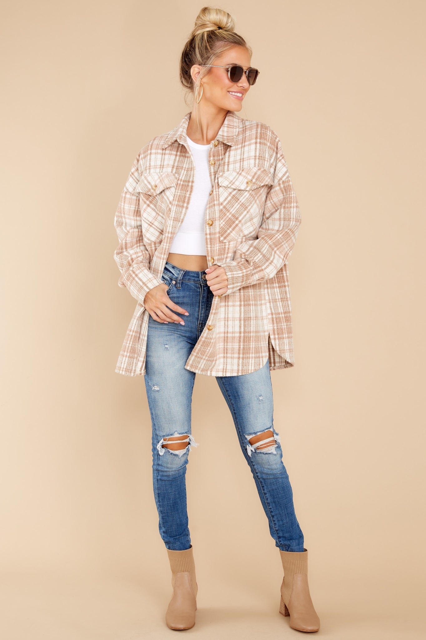 Casually Cozy Camel Multi Plaid Shacket