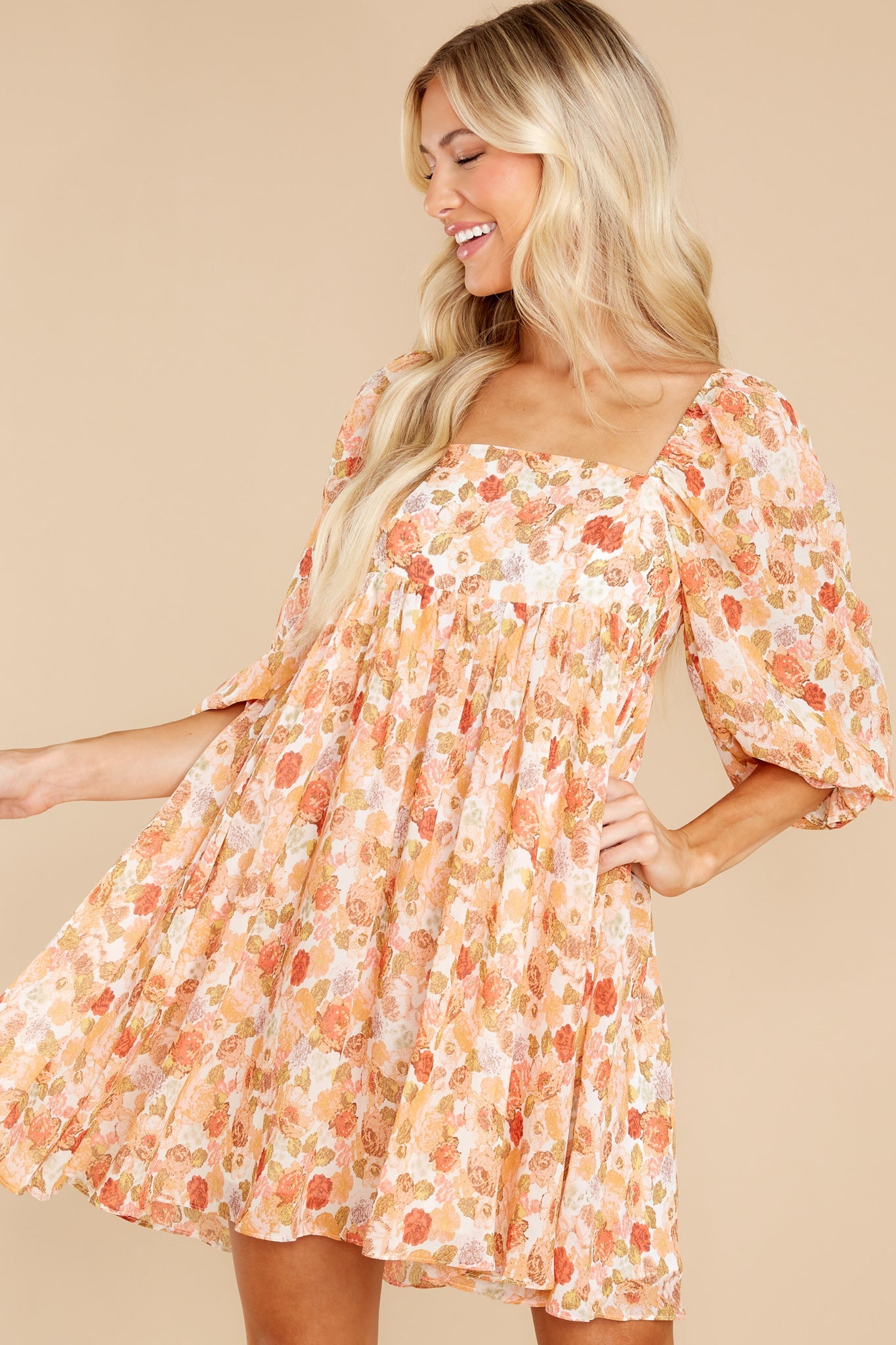 Something's Getting Started Peach Floral Print Dress