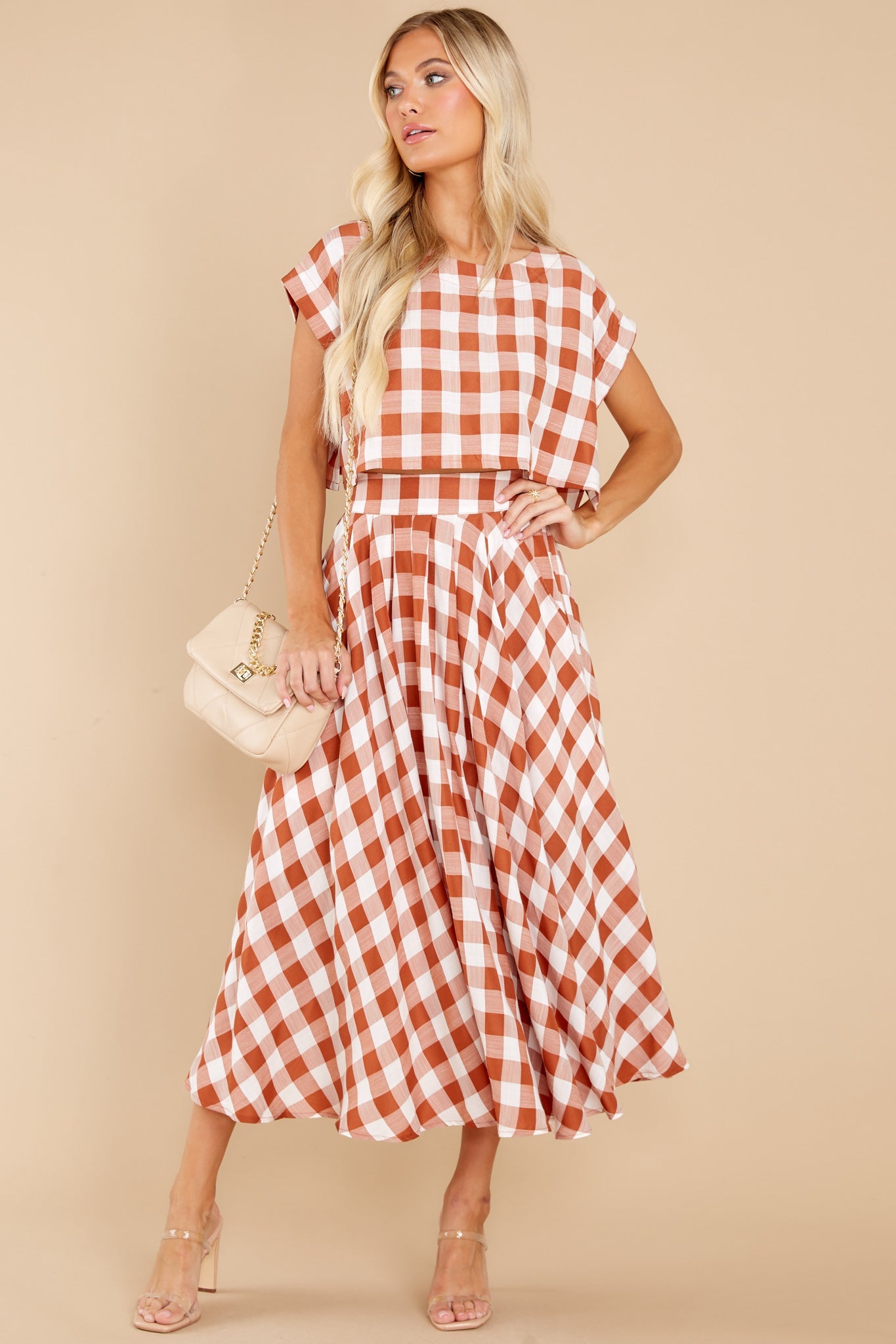Leaps Of Time Rust Gingham Two Piece Set