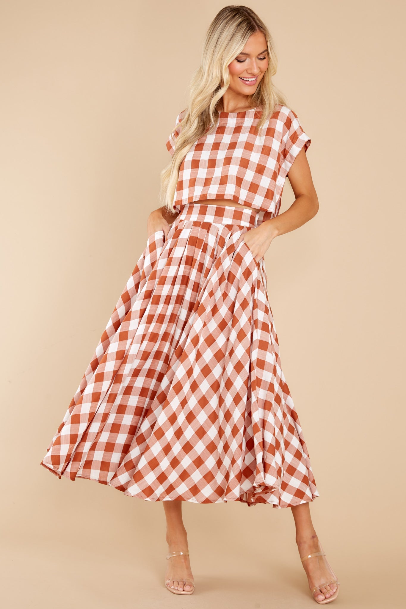Leaps Of Time Rust Gingham Two Piece Set