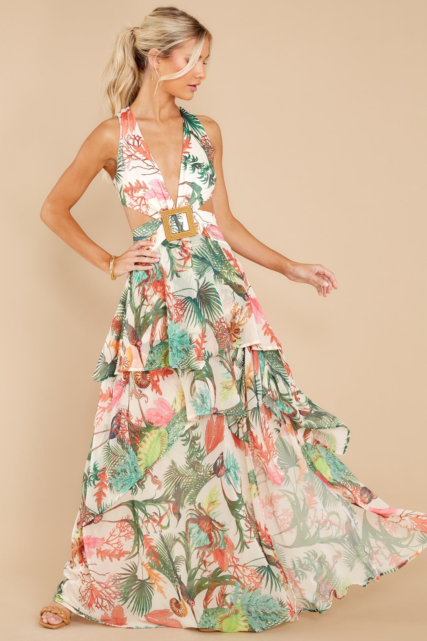 No Complications Ivory Tropical Print Maxi Dress